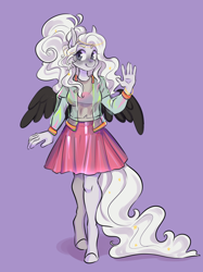 Size: 2652x3539 | Tagged: safe, artist:corelle-vairel, imported from derpibooru, oc, oc only, anthro, pegasus, unguligrade anthro, anthro oc, clothes, female, jacket, mare, purple background, shirt, simple background, skirt, solo, varsity jacket