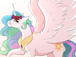 Size: 1358x1029 | Tagged: safe, artist:wilage, imported from derpibooru, princess celestia, alicorn, pony, cute, cutelestia, female, floral head wreath, flower, mare, simple background, solo, spread wings, white background, wings