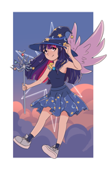 Size: 876x1374 | Tagged: safe, artist:wilage, imported from derpibooru, tree of harmony, twilight sparkle, alicorn, human, abstract background, cloud, cute, cutie mark, eyebrows, eyebrows visible through hair, female, flying, hat, humanized, sky, solo, spread wings, staff, star swirl the bearded costume, twiabetes, twilight sparkle (alicorn), winged humanization, wings, wizard hat