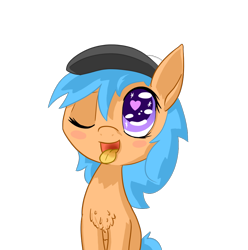 Size: 1000x1008 | Tagged: safe, artist:happy harvey, imported from derpibooru, oc, oc:little league, earth pony, blushing, chest fluff, drawn on phone, female, filly, foal, hat, heart eyes, one eye closed, open mouth, phone drawing, simple background, tongue out, transparent background, wingding eyes, wink