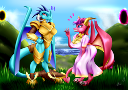 Size: 1600x1133 | Tagged: safe, artist:bludraconoid, imported from derpibooru, princess ember, dragon, clothes, commission, crossover, dragon armor, dress, ember (spyro), female, grass, portal, sky