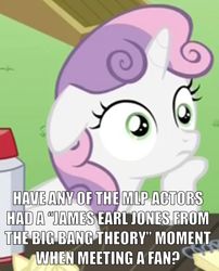 Size: 908x1125 | Tagged: safe, edit, edited screencap, imported from derpibooru, screencap, sweetie belle, pony, unicorn, ponyville confidential, caption, cropped, exploitable meme, female, filly, floppy ears, image macro, james earl jones, meme, meta, obligatory pony, reference, solo, sudden clarity sweetie belle, text, the big bang theory, thinking