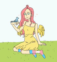 Size: 495x539 | Tagged: safe, artist:kiaranator, imported from derpibooru, fluttershy, bird, human, bird on hand, blushing, clothes, cute, dress, female, heart, humanized, no pupils, pride, pride flag, shyabetes, sitting, socks, solo, striped socks, trans pride flag, transgender, transgender pride flag, winged humanization, wings