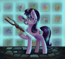 Size: 981x892 | Tagged: safe, artist:clairedaartiste444, artist:tater, imported from derpibooru, starlight glimmer, pony, unicorn, the cutie map, cheek fluff, chest fluff, cutie mark vault, egalitarianism, equal cutie mark, female, glowing horn, horn, levitation, magic, s5 starlight, solo, staff, staff of sameness, telekinesis