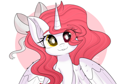 Size: 8267x5511 | Tagged: safe, artist:janelearts, imported from derpibooru, oc, oc only, alicorn, pony, absurd resolution, alicorn oc, bow, bust, commission, cute, ear fluff, female, hair bow, heterochromia, horn, looking at you, mare, ocbetes, ribbon, simple background, weapons-grade cute, white background