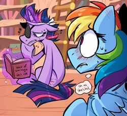 Size: 1200x1100 | Tagged: safe, artist:klhpyro, imported from derpibooru, rainbow dash, twilight sparkle, pegasus, pony, unicorn, it's about time, blushing, blushing ears, book, ear blush, eyepatch, female, future twilight, golden oaks library, headband, lesbian, lip bite, magic, magic aura, mare, oh no he's hot, one sided shipping, shipping, sweat, telekinesis, text, thought bubble, twidash, unaware, unicorn twilight, vulgar