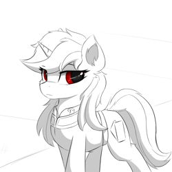 Size: 900x900 | Tagged: safe, artist:d.w.h.cn, imported from derpibooru, oc, oc only, oc:blackjack, pony, unicorn, fallout equestria, fallout equestria: project horizons, clothes, female, jumpsuit, mare, monochrome, neo noir, partial color, solo, vault suit