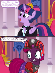 Size: 1080x1440 | Tagged: safe, artist:徐詩珮, imported from derpibooru, fizzlepop berrytwist, tempest shadow, twilight sparkle, alicorn, unicorn, series:sprglitemplight diary, series:sprglitemplight life jacket days, series:springshadowdrops diary, series:springshadowdrops life jacket days, broken horn, chase (paw patrol), clothes, dialogue, female, horn, lesbian, marshall (paw patrol), mission paw, oh no he's hot, paw patrol, shipping, simple background, tempestlight, twilight sparkle (alicorn)