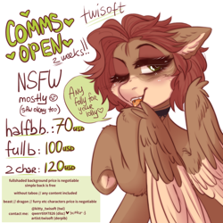Size: 2300x2300 | Tagged: safe, artist:twisoft, imported from derpibooru, oc, oc only, oc:qwerrtit, pegasus, pony, advertisement, blushing, commission, commission info, commissions open, commissions sheet, ear fluff, female, illustration, open mouth, pose, solo, tongue out, underhoof