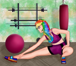 Size: 3916x3408 | Tagged: safe, artist:leneon, imported from derpibooru, rainbow dash, human, equestria girls, female, human coloration, humanized, legs, solo, stretching, thighs