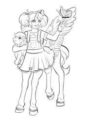 Size: 1611x2296 | Tagged: safe, artist:aerodynamict, derpibooru exclusive, imported from derpibooru, bowtie (g1), oc, oc:beau spark, butterfly, centaur, alitaur, blouse, bow tie (g1), bracelet, clothes, commission, dress, female, freckles, frilly dress, g1, hair ribbon, horn, jewelry, lineart, pegasus wings, pigtails, plushie, simple background, smiling, unicorn horn, unshorn fetlocks, wings, wings raised, wip, young