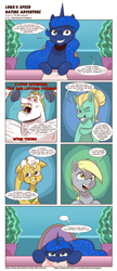 Size: 1683x3878 | Tagged: safe, artist:saturdaymorningproj, imported from derpibooru, bulk biceps, derpy hooves, grand pear, princess luna, zephyr breeze, alicorn, earth pony, pegasus, comic, speech bubble, speed dating