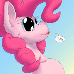 Size: 1584x1584 | Tagged: safe, artist:firefanatic, imported from derpibooru, pinkie pie, :3, big ears, cute, long neck, mlem, silly, smiling, speech bubble, tongue out