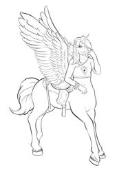 Size: 2117x3109 | Tagged: safe, artist:aerodynamict, derpibooru exclusive, imported from derpibooru, pinkie pie, oc, oc:beau spark, centaur, alitaur, bangle, belly button, bracelet, clothes, commission, female, g1, hair over one eye, hairclip, high res, horn, jewelry, lineart, long hair, older, one shoulder, pegasus wings, saddle, shirt, simple background, smiling, t-shirt, tack, teenager, unicorn horn, unshorn fetlocks, wings, wings raised, wip