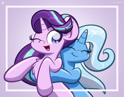 Size: 3250x2560 | Tagged: dead source, safe, artist:kimjoman, artist:php142, imported from derpibooru, starlight glimmer, trixie, pony, unicorn, chest fluff, commission, eyes closed, female, happy, hug, lesbian, mare, one eye closed, shipping, simple background, smiling, startrix