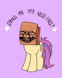 Size: 795x1005 | Tagged: safe, artist:paperbagpony, edit, imported from derpibooru, oc, oc:paper bag, earth pony, pony, blindfold, draw me my new face, exploitable meme, female, meme, nightmare fuel, paper bag, teeth