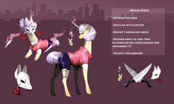 Size: 5000x3000 | Tagged: safe, artist:magenta, imported from derpibooru, oc, oc only, oc:miami edge, pony, unicorn, clothes, ear piercing, earring, female, flip phone, glowing horn, horn, jacket, jewelry, kitsune, knife, levitation, magic, mare, mask, phone, piercing, reference sheet, shirt, shorts, sleeveless, solo, t-shirt, telekinesis