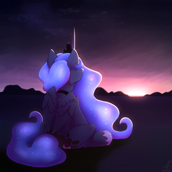 Size: 3000x3000 | Tagged: safe, artist:argigen, imported from derpibooru, princess luna, alicorn, pony, female, mare, rcf community, sitting, solo, twilight (astronomy)