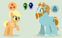 Size: 930x565 | Tagged: safe, artist:selenaede, artist:yingyangfreak, imported from derpibooru, applejack, rockhoof, earth pony, pony, accessory swap, applejack's hat, base used, clothes, cowboy hat, cutie mark, female, green background, hat, male, mare, older, older applejack, rockjack, shawl, shipping, simple background, stallion, straight