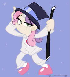 Size: 733x800 | Tagged: safe, artist:mirabuncupcakes15, imported from derpibooru, sweetie belle, human, growing up is hard to do, bedroom eyes, blue background, cane, clothes, dancing, female, hat, horn, horned humanization, humanized, older, older sweetie belle, pants, shoes, simple background, socks, solo, suit, top hat