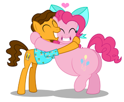 Size: 4483x3675 | Tagged: safe, artist:aleximusprime, imported from derpibooru, cheese sandwich, pinkie pie, flurry heart's story, alternate hairstyle, bow, canon ship, cheesepie, chubbie pie, chubby, clothes, couple, cute, dating, different hairstyle, eyes closed, fat, female, hawaiian shirt, hug, in love, male, male and female, older, plump, pudgy pie, shipping, shirt, simple background, smiling, straight, transparent background, weird al yankovic