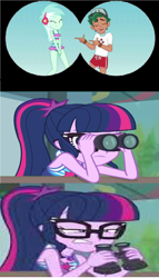 Size: 1256x2200 | Tagged: safe, artist:brandonale, edit, edited screencap, imported from derpibooru, screencap, lyra heartstrings, sci-twi, timber spruce, twilight sparkle, equestria girls, equestria girls series, turf war, unsolved selfie mysteries, angry, female, glasses, jealous, male, sci-twi is not amused, shipping, side chick, straight, timberstrings, timbertwi, unamused, wrong aspect ratio