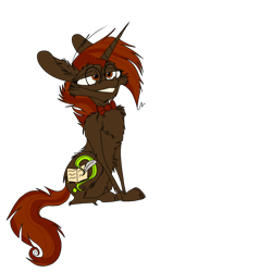 Size: 1000x1000 | Tagged: safe, artist:gwyndor, imported from derpibooru, oc, oc only, unnamed oc, pony, unicorn, bowtie, brown fur, description is relevant, essay in description, female, frazzled hair, glasses, horn, mare, messy mane, nerd, nerd pony, self insert, simple background, striped mane, transparent background, unicorn oc, unimpressed