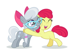 Size: 1323x934 | Tagged: safe, artist:culu-bluebeaver, edit, editor:slayerbvc, imported from derpibooru, vector edit, apple bloom, silver spoon, earth pony, pony, accessory swap, accessory-less edit, apple bloom's bow, bow, embarrassed, female, filly, glasses, hair bow, hug, jewelry, missing accessory, necklace, simple background, transparent background, vector