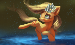 Size: 4719x2836 | Tagged: safe, artist:auroriia, imported from derpibooru, applejack, earth pony, pony, cute, dock, female, flower, flower in hair, hatless, high res, jackabetes, mare, missing accessory, rain, solo