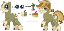 Size: 1280x635 | Tagged: safe, artist:lazuli, artist:mint-light, artist:xxcrescentquillxx, imported from derpibooru, oc, oc only, oc:iron apple, earth pony, pony, base used, cutie mark, male, next generation, offspring, parent:applejack, parent:rockhoof, parents:rockjack, reference sheet, simple background, solo, stallion, transparent background