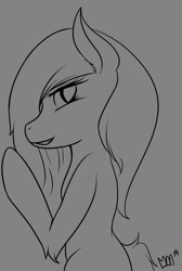 Size: 861x1280 | Tagged: safe, artist:crescentpony, imported from derpibooru, oc, oc only, earth pony, pony, earth pony oc, femboy, gray background, lineart, male, monochrome, open mouth, signature, simple background, solo, stallion