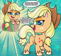 Size: 2350x2160 | Tagged: safe, artist:spookitty, imported from derpibooru, applejack, earth pony, pony, my little pony: pony life, applebutt, butt, featureless crotch, female, g4.5, hat, innuendo, looking at you, plot, smiling, solo