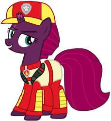 Size: 937x1025 | Tagged: safe, artist:徐詩珮, imported from derpibooru, fizzlepop berrytwist, tempest shadow, pony, unicorn, series:sprglitemplight diary, series:sprglitemplight life jacket days, series:springshadowdrops diary, series:springshadowdrops life jacket days, alternate universe, base used, broken horn, clothes, eye scar, female, grin, hat, horn, mare, marshall (paw patrol), paw patrol, paw prints, scar, simple background, smiling, smirk, solo, transparent background, ultimate rescue