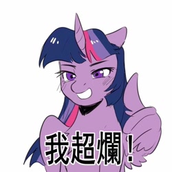 Size: 1046x1043 | Tagged: artist needed, safe, imported from derpibooru, twilight sparkle, alicorn, pony, chinese, female, grin, mare, meme, ponified meme, simple background, smiling, solo, thumbs up, translated in the comments, twilight sparkle (alicorn), white background, wing gesture, wing hands, wings