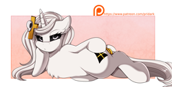 Size: 3117x1587 | Tagged: safe, artist:pridark, imported from derpibooru, oc, oc only, oc:whitefire, pony, unicorn, black sclera, chest fluff, cutie mark, digital art, draw me like one of your french girls, female, hairpin, long mane, looking at you, mare, patreon, patreon logo, patreon reward, solo, tail ring, unamused, url