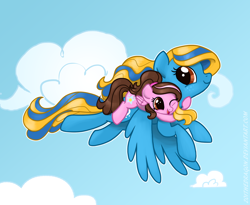 Size: 1584x1296 | Tagged: safe, artist:zoidledoidle, imported from derpibooru, oc, oc only, pegasus, pony, cloud, female, filly, flying, happy, ponies riding ponies, riding, smiling