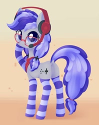 Size: 1024x1295 | Tagged: safe, artist:dusthiel, imported from derpibooru, oc, oc only, oc:cinnabyte, earth pony, pony, bandana, blue eyes, butt, chest fluff, cinnabetes, clothes, cute, dock, dork, earth pony oc, female, gaming headset, glasses, headphones, headset, looking at you, looking back, looking back at you, mare, meganekko, pigtails, plot, rear view, socks, solo, striped socks