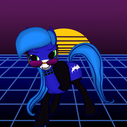 Size: 8000x8000 | Tagged: safe, artist:annette62, imported from derpibooru, oc, oc only, oc:annette (lewdpone), pegasus, pony, 80's style, blue mane, choker, clothes, female, green eyes, grid, mare, pegasus oc, sexy, smiling at you, socks, solo, stripes, sun, sunglasses, synthwave, wings