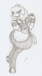 Size: 666x1203 | Tagged: safe, artist:ravenpuff, imported from derpibooru, oc, oc:pristine polish, anthro, earth pony, unguligrade anthro, clothes, female, maid, mare, monochrome, solo, traditional art