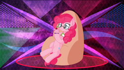 Size: 3840x2160 | Tagged: safe, artist:cyanlightning, artist:laszlvfx, edit, imported from derpibooru, pinkie pie, earth pony, pony, cupcake, female, food, glasses, high res, hoof hold, mare, solo, wallpaper, wallpaper edit