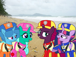 Size: 1440x1080 | Tagged: safe, artist:徐詩珮, imported from derpibooru, fizzlepop berrytwist, glitter drops, spring rain, tempest shadow, twilight sparkle, alicorn, unicorn, series:sprglitemplight diary, series:sprglitemplight life jacket days, series:springshadowdrops diary, series:springshadowdrops life jacket days, alternate universe, bisexual, broken horn, chase (paw patrol), clothes, cute, female, glitterbetes, glitterlight, glittershadow, horn, lesbian, lifeguard, lifeguard spring rain, marshall (paw patrol), paw patrol, polyamory, shipping, skye (paw patrol), sprglitemplight, springbetes, springdrops, springlight, springshadow, springshadowdrops, tempestbetes, tempestlight, twilight sparkle (alicorn), ultimate rescue, zuma (paw patrol)