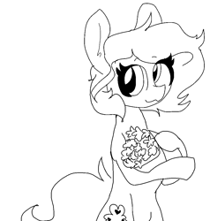 Size: 1008x1060 | Tagged: safe, artist:nootaz, imported from derpibooru, oc, oc only, oc:lucky charm, earth pony, pony, bipedal, bouquet, earth pony oc, female, flower, mare, monochrome, solo