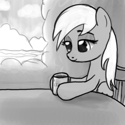 Size: 800x800 | Tagged: safe, artist:nimaru, imported from derpibooru, derpy hooves, pegasus, pony, coffee mug, female, mare, monochrome, mug, solo, table