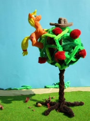 Size: 1024x1366 | Tagged: safe, alternate version, artist:malte279, imported from derpibooru, applejack, apple, apple tree, climbing, craft, food, hat, sculpture, starch foam, tree