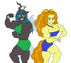 Size: 1952x1745 | Tagged: safe, artist:matchstickman, imported from derpibooru, adagio dazzle, queen chrysalis, anthro, changeling, changeling queen, earth pony, acardio dazzle, clothes, compression shorts, drink, duo, female, flexing, gem, lidded eyes, looking at you, muscles, muscular female, pecs, pose, queen chrysalifts, simple background, siren gem, smiling, smirk, sports bra, tube top, white background