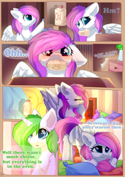 Size: 800x1132 | Tagged: safe, artist:alphadesu, imported from derpibooru, oc, oc only, oc:minty root, oc:snow kicker, pegasus, pony, unicorn, comic:sisterly love, amputee, blushing, chest fluff, comic, ear fluff, eyes closed, female, floppy ears, hooves, horn, mare, massage oil, mouth hold, open mouth, pillow, sitting, smiling, spread wings, standing, wings