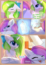 Size: 800x1132 | Tagged: safe, artist:alphadesu, imported from derpibooru, oc, oc only, oc:minty root, oc:snow kicker, pegasus, pony, unicorn, comic:sisterly love, amputee, bow, chest fluff, comic, dock, ear fluff, eyes closed, female, floppy ears, hair bow, hooves, horn, levitation, lying down, magic, mare, massage, massage oil, moaning, open mouth, sitting, smiling, telekinesis, wings