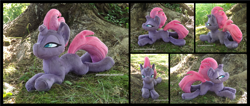 Size: 4133x1754 | Tagged: safe, artist:peruserofpieces, imported from derpibooru, tempest shadow, pony, unicorn, beanie (plushie), female, looking at you, mare, narrowed eyes, photo, plushie, prone, scowl, solo, tree