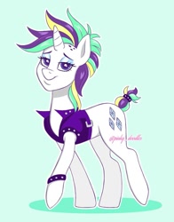 Size: 845x1078 | Tagged: safe, artist:pinkyydoodles, imported from derpibooru, rarity, pony, unicorn, alternate hairstyle, blue background, eyeshadow, female, lidded eyes, looking at you, makeup, mare, punk, raripunk, signature, simple background, smiling, solo