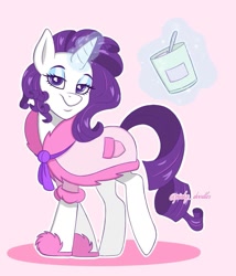 Size: 899x1052 | Tagged: safe, artist:pinkyydoodles, imported from derpibooru, rarity, pony, unicorn, bathrobe, clothes, female, food, glowing horn, horn, ice cream, lidded eyes, looking at you, magic, mare, pink background, robe, signature, simple background, slippers, smiling, solo, telekinesis